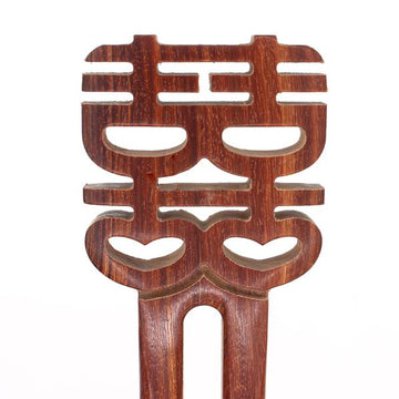 CrystalMood Carved Ebony Wood 2-Prong Double Happiness Hair Stick Fork
